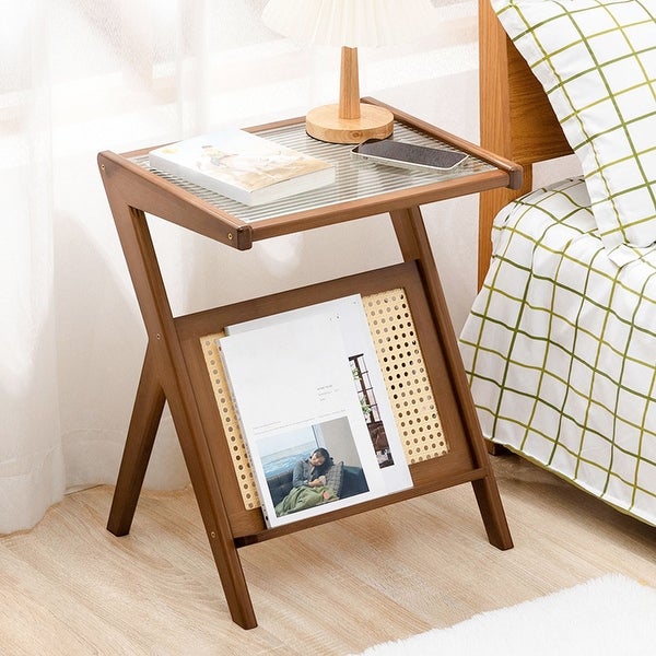 Bamboo Glass-top End Table with Rattan-like Magazine Rack