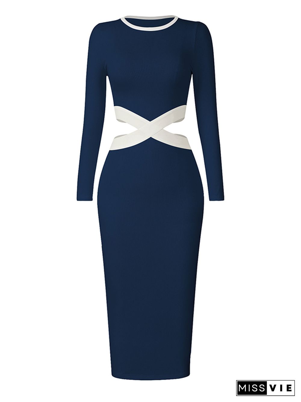 High Waisted Long Sleeves Hollow Round-Neck Midi Dresses