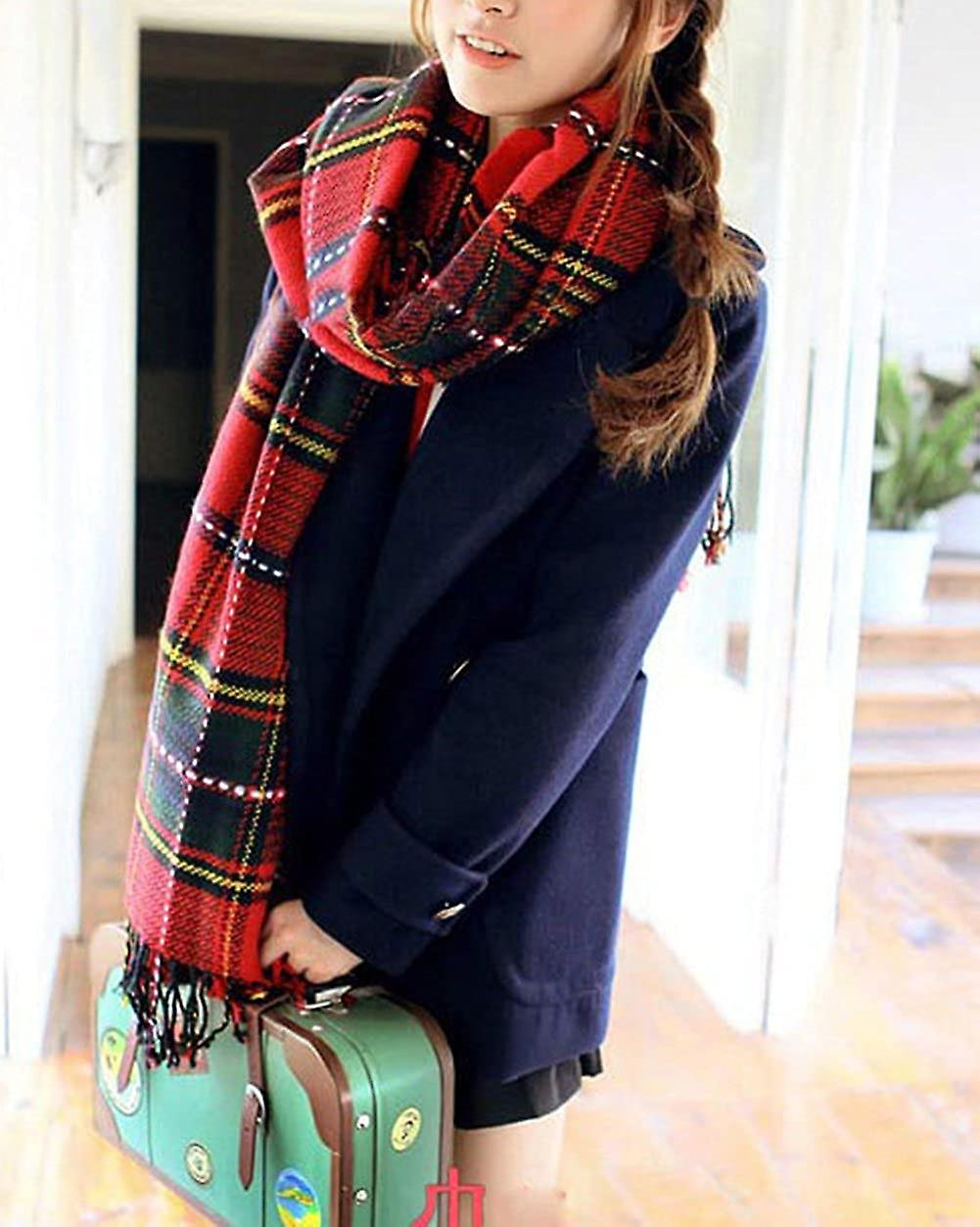 Women's Fashion Long Shawl Big Grid Winter Warm Lattice Large Scarf Red Blue -