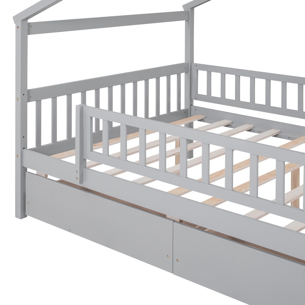 Full Size Wood Daybed with 2 Storage Drawers and Fence Guardrails  Kid's Bed with Wood Slats and House Shaped Frame