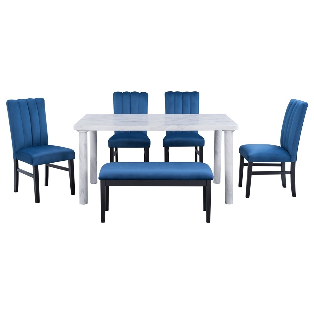 6 Piece Dining Table Set with Marble Veneer Table 4 Chairs and 1 Bench