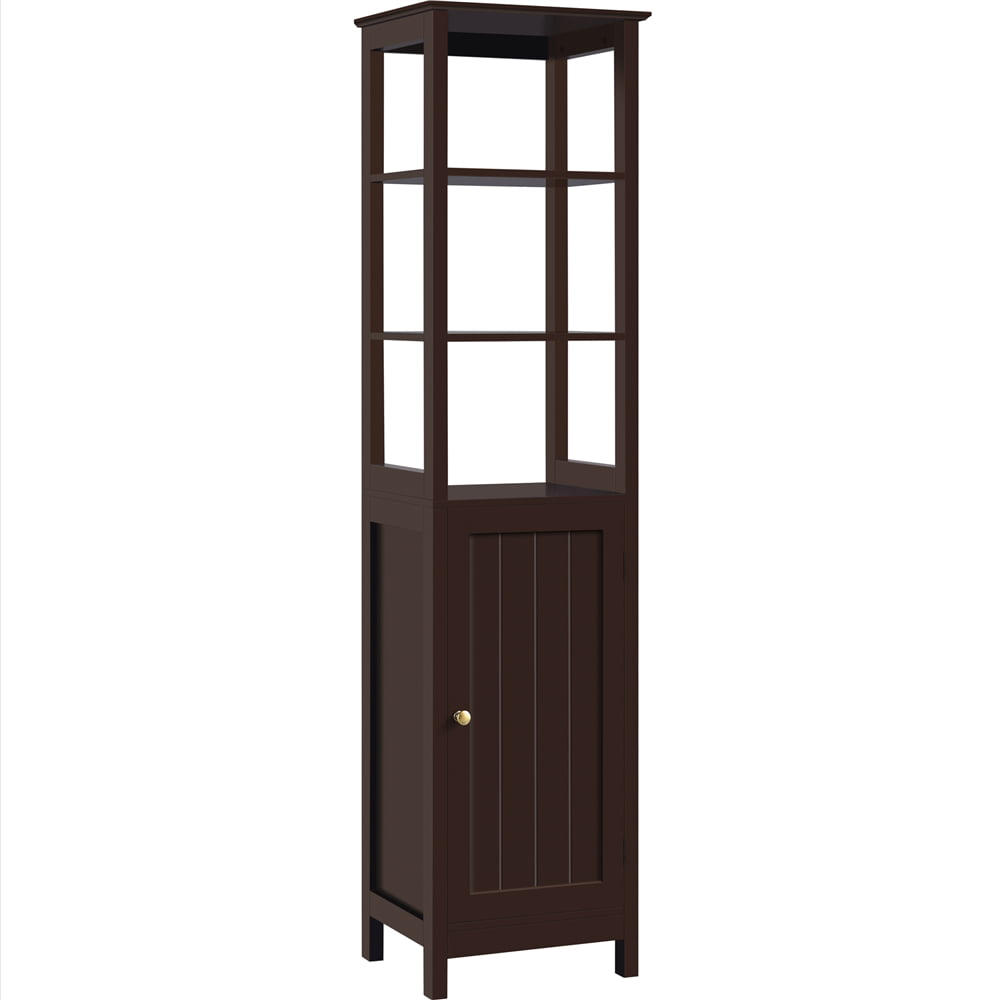 SMILE MART Wood Tower Cabinet with 3 Open Shelves and 1 Adjustable Shelf, Espresso