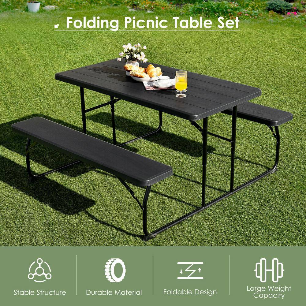 WELLFOR 59 in. W x 54 in. D HDPE Outdoor Folding Picnic Table Set in Black OP-HGY-70672BK