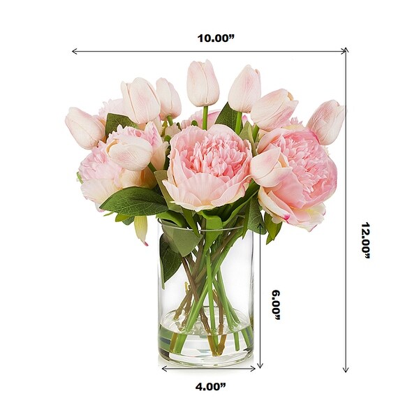 Enova Home Mixed Artificial Real Touch Tulip and Peony Fake Flowers Arrangement in Cylinder Glass Vase for Home Decór