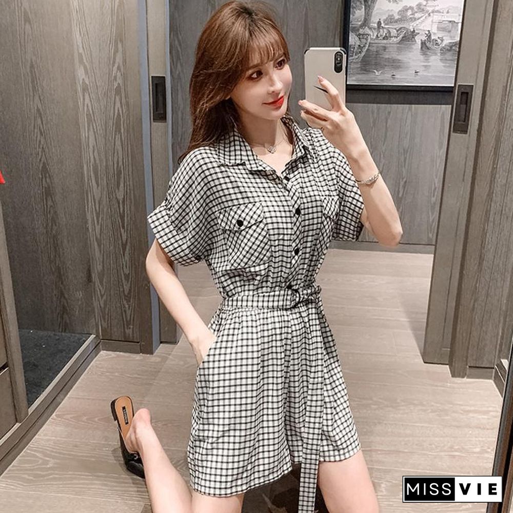 Plaid Lapel Belt Loose Rompers P13923