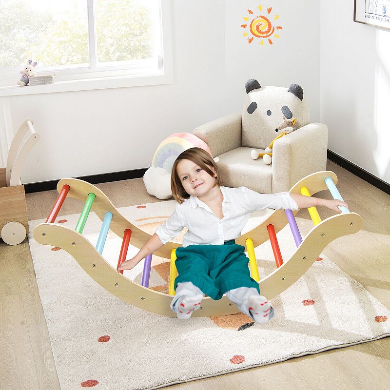 3-in-1 Kids Climber Set Wooden Arch Triangle Rocker With Ramp And Mat