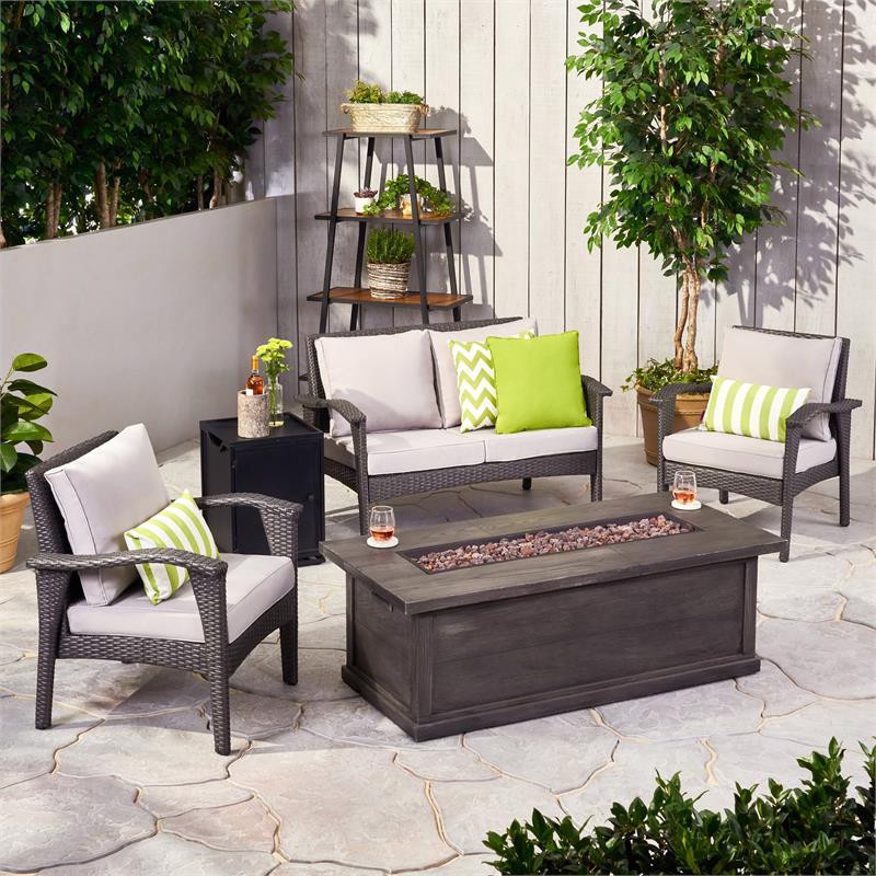 Noble House Kahala Outdoor 4 Seater Wicker Chat Set with Fire Pit Brown and Tan   Tropical   Outdoor Lounge Sets   by Homesquare  Houzz