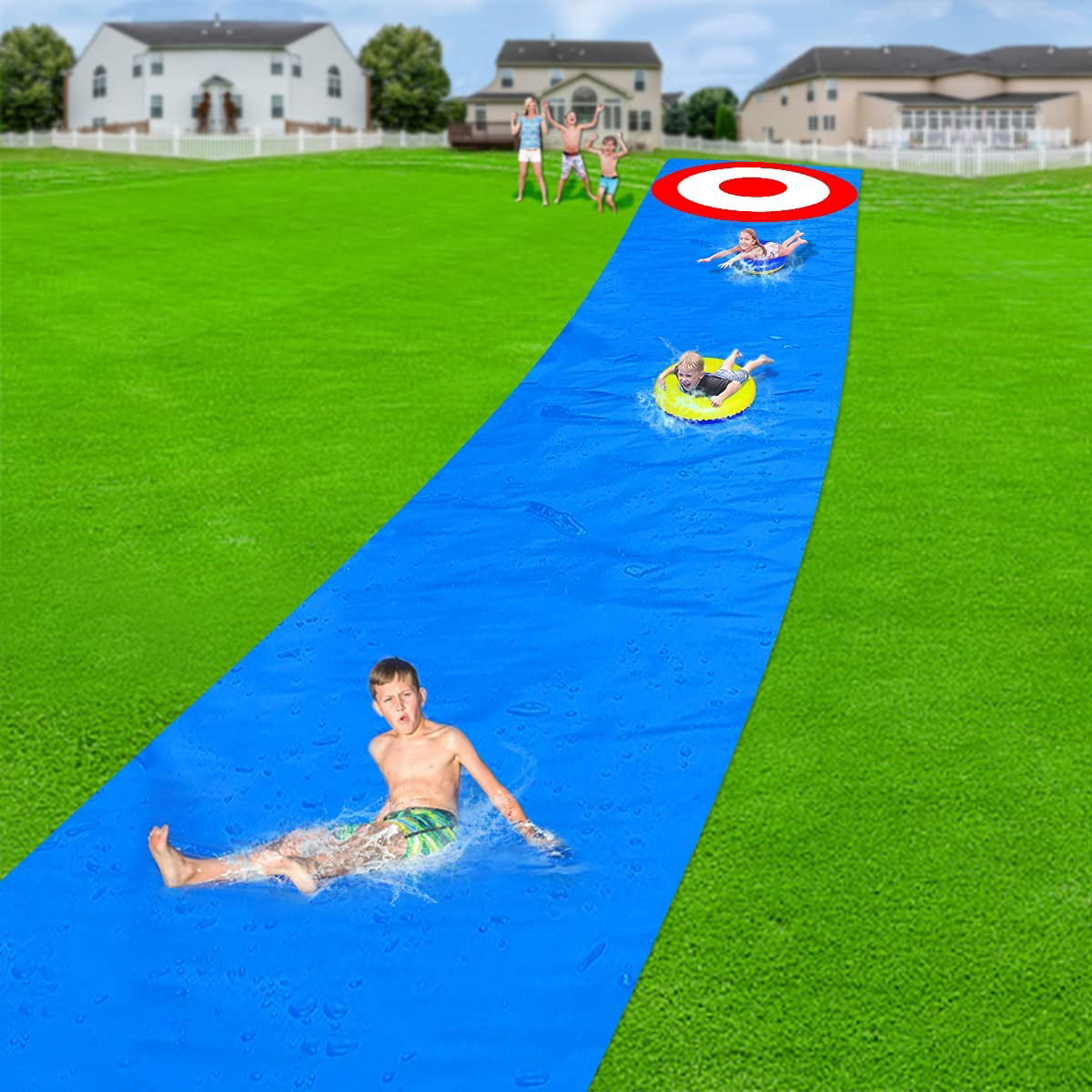 Kids Slip and Slide Water Slide 33ft x 59in Backyard Waterslide with Inflatable Pool Floats Outdoor Water Toys Sliding Racing Lane for Adults Summer Yard Lawn Games