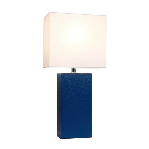 Porch and Den Fairway Blue Leather Table Lamp w White Fabric Shade