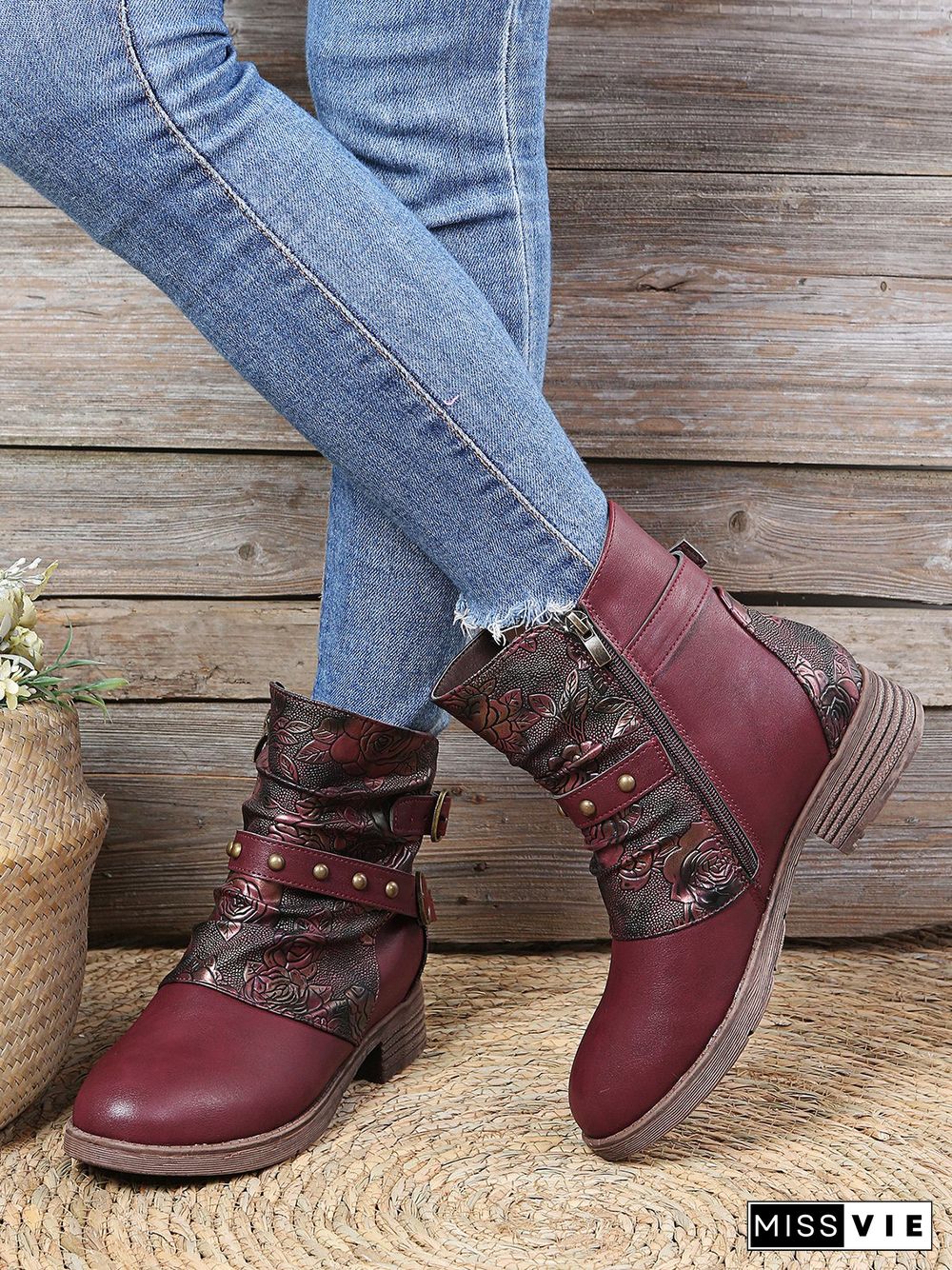 Dark Red Vintage Floral Embossed Buckle Rider Boots