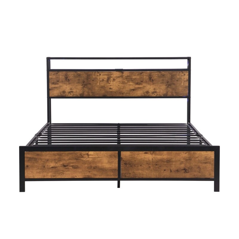 Industrial Queen/ Full Bed Frame with LED Lights and 2 USB Ports Rustic Brown