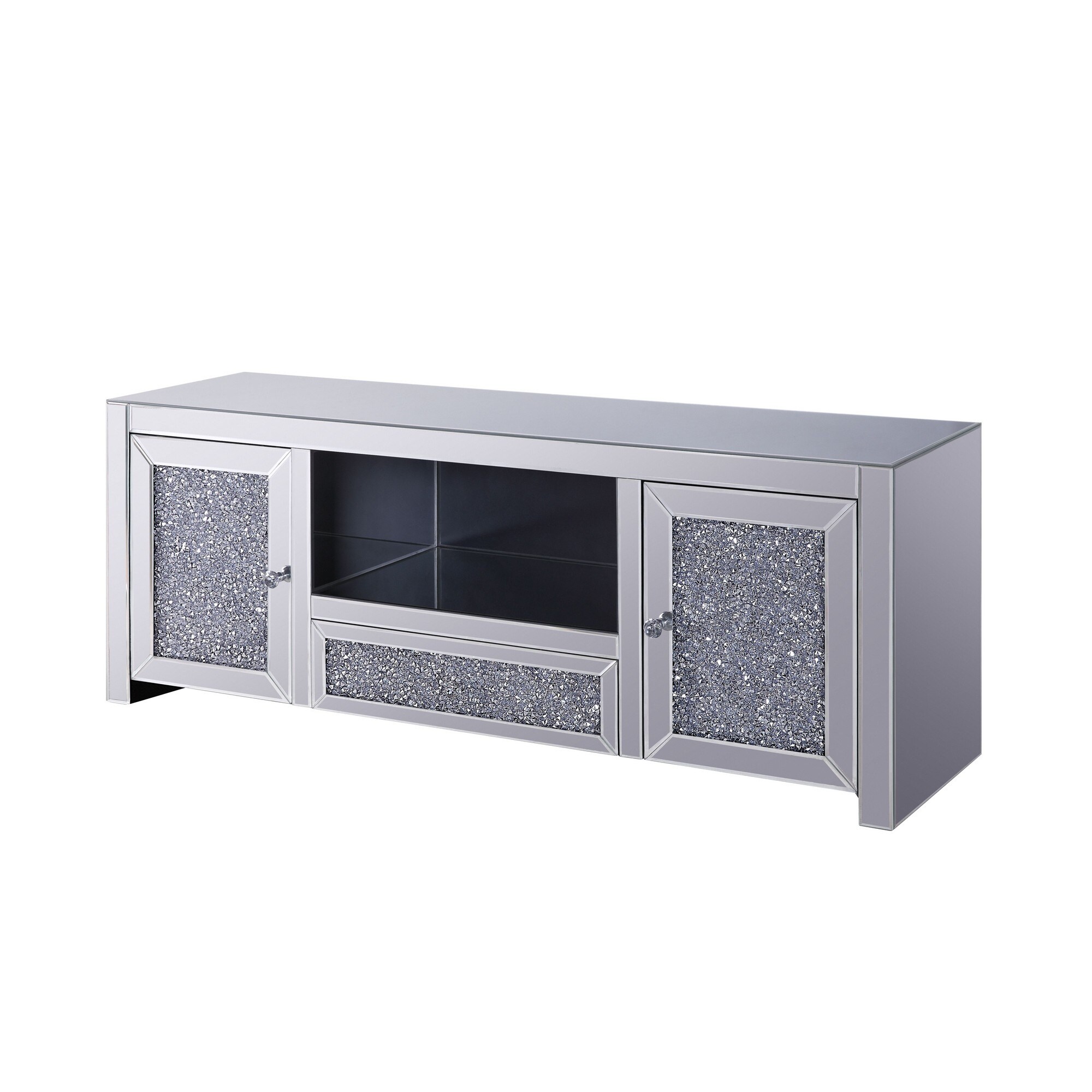 Noe 59 Inch Wood TV Entertainment Media Console， Faux Diamond Inlay， Silver