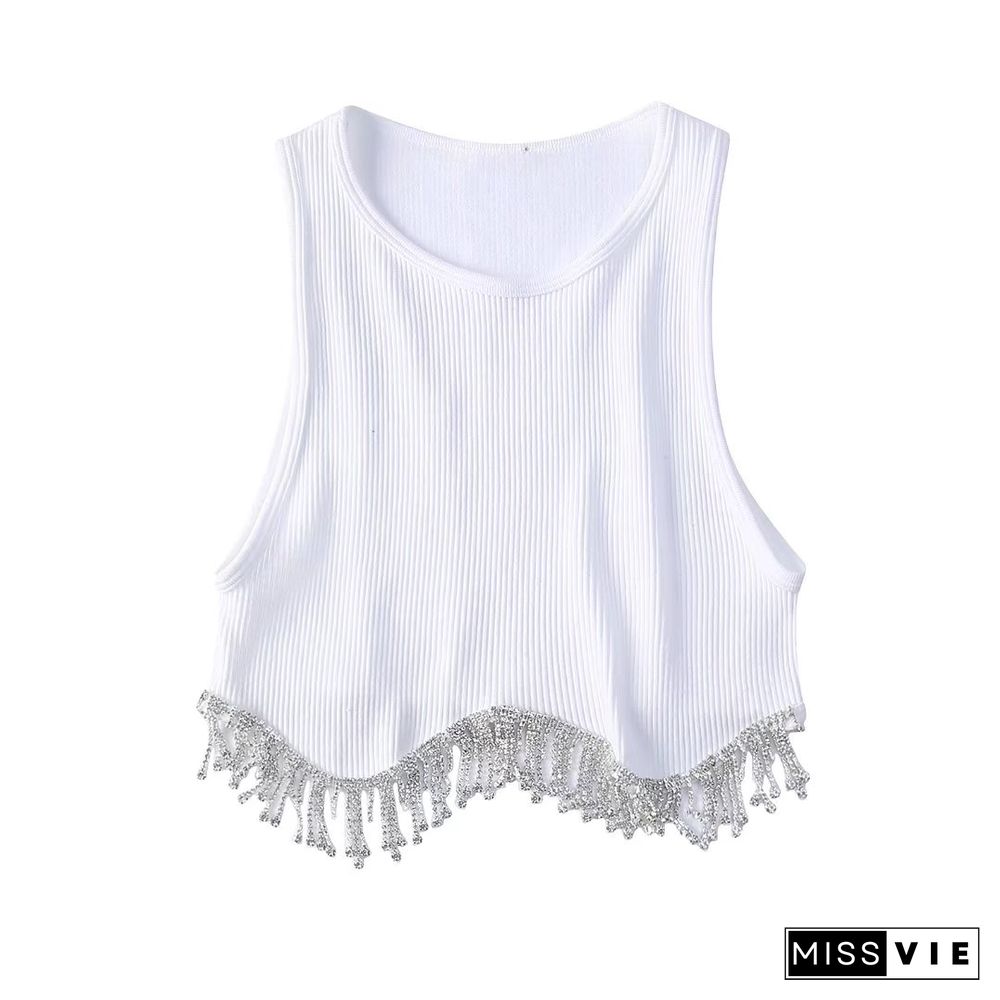 Women High Street Sexy Hem Tassel Diamond Beading Knitting T-Shirt Chic Short Camis Tank Lady Slim Crop Vest Tops Ls1311