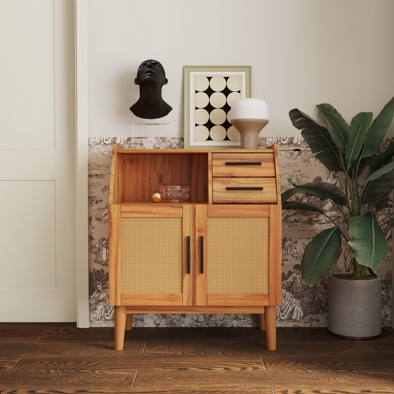 Farmhouse Sideboard Buffet Accent Storage Cabinet with Rattan Doors and Drawers  Adjustable Storage Shelves  for Dining Room