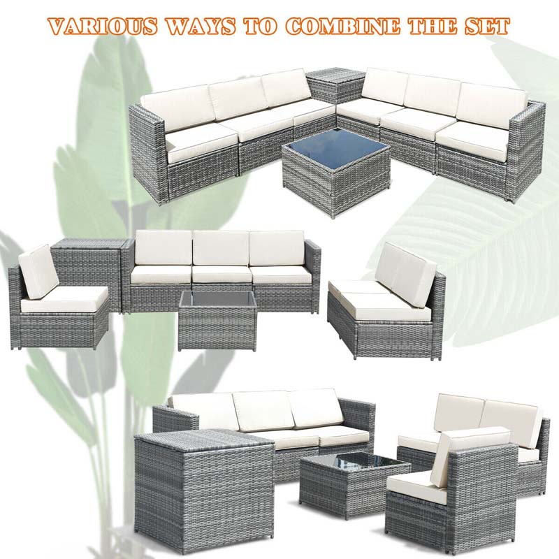 8 Pcs Rattan Patio Sectional Sofa Couch Set Outdoor Wicker Furniture Set with Storage Table & Cushions