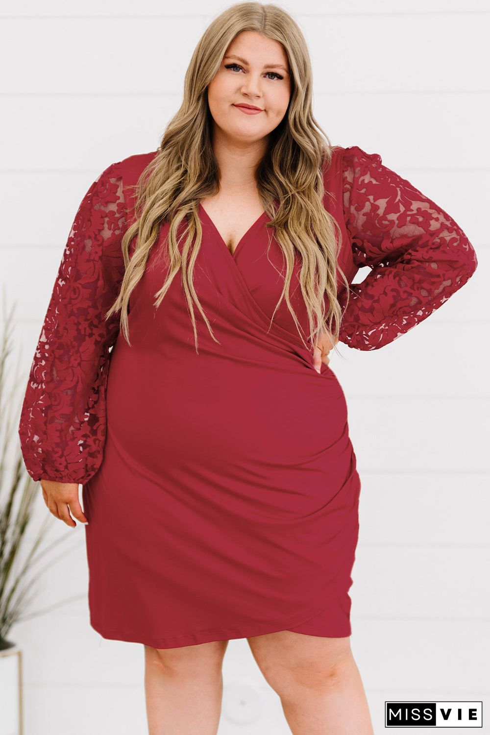 Red Surplice Neckline Floral Puff Sleeves Plus Size Dress