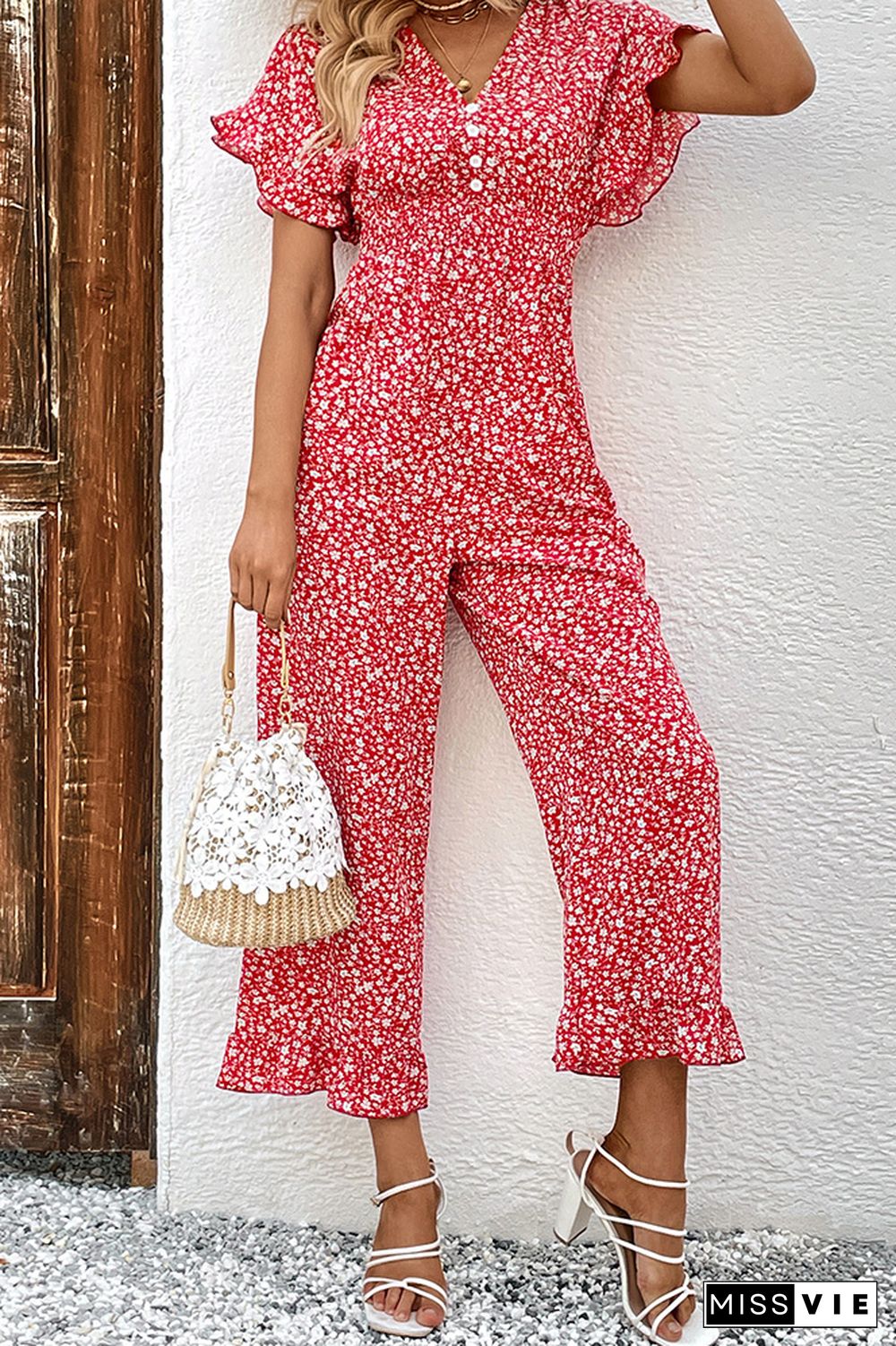 Red Floral Print Ruffle Sleeves Wide Leg Jumpsuit