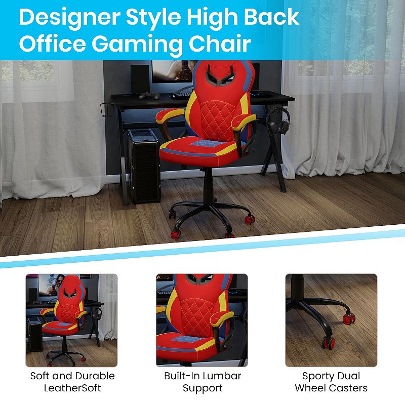 Emma and Oliver Faux Leather Ergonomic Designer Back Gamer Chair with Diamond Stitch， Lumbar Support and Padded Arms in Red， Blue and Yellow