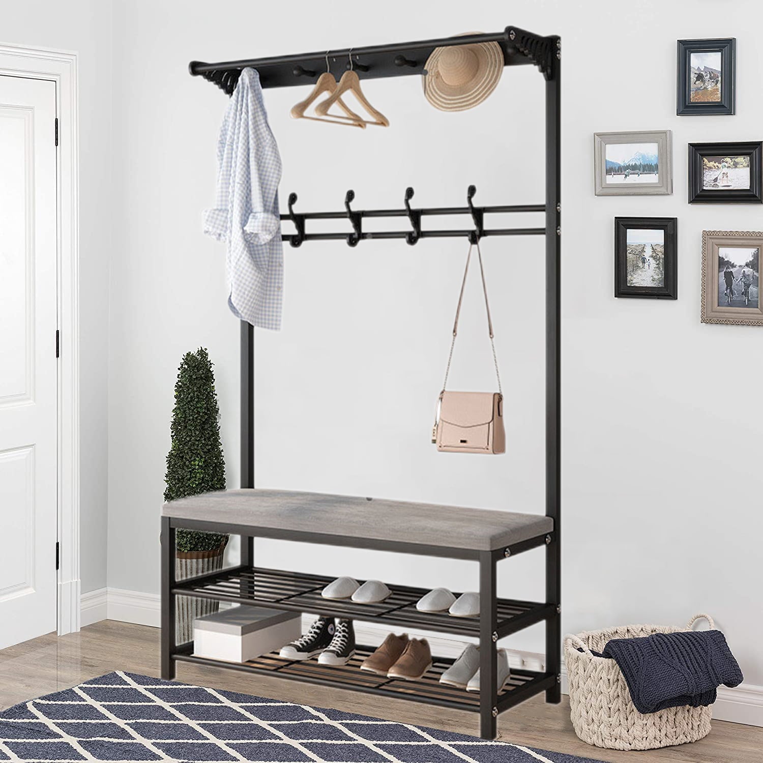 3-in-1 Entryway Coat Rack Hall Tree Coat Shoe Rack Bench with Storage Shleves And 10 Hooks Coat Hanger，Black