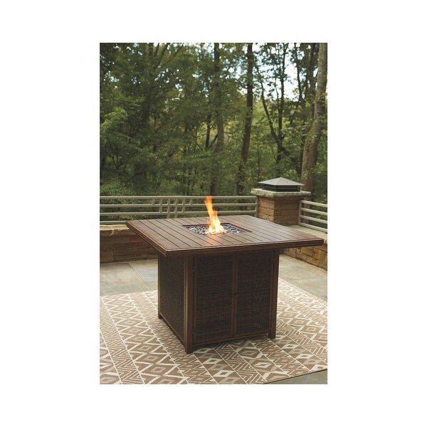 Signature Design by Ashley Paradise Trail Outdoor Medium Brown Square Bar Table with Fire Pit