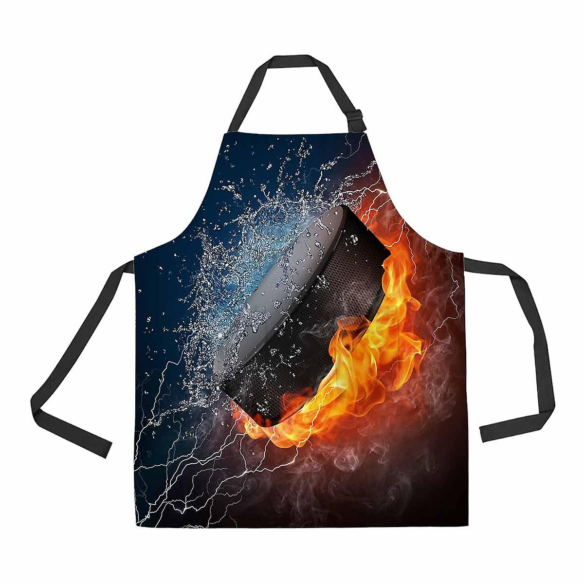 Hockey Puck In Fire And Water Unisex Adjustable Bib Apron With Pockets For Commercial Restaurant And Home Kitchen Use