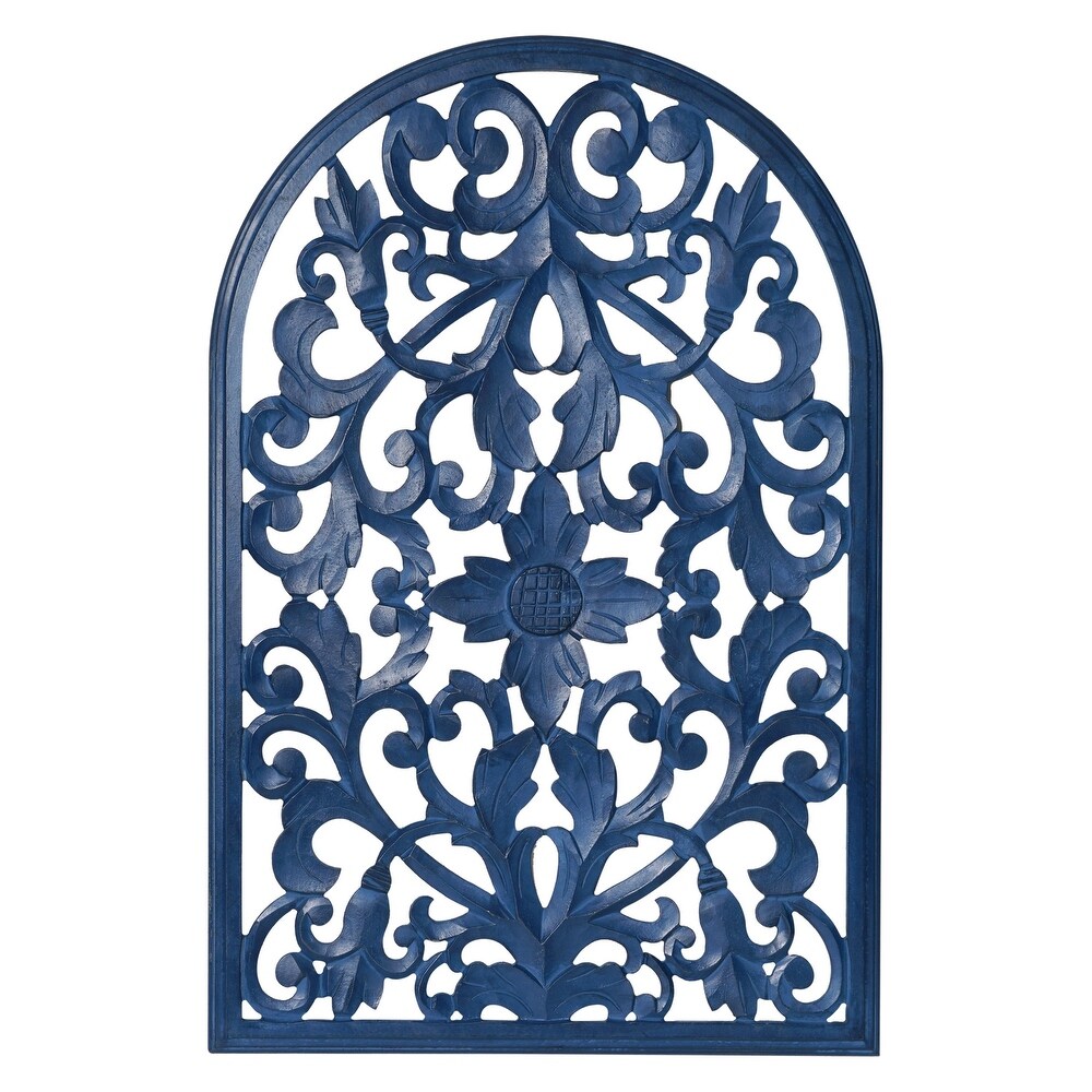 Hand Carved Arched Navy Blue Wood Wall Accent Medallion   24\