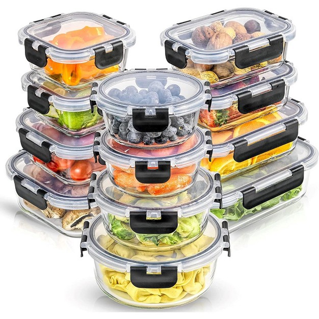 Joyful By Joyjolt 24 Piece Glass Food Storage Containers With Leakproof Lids Set Black