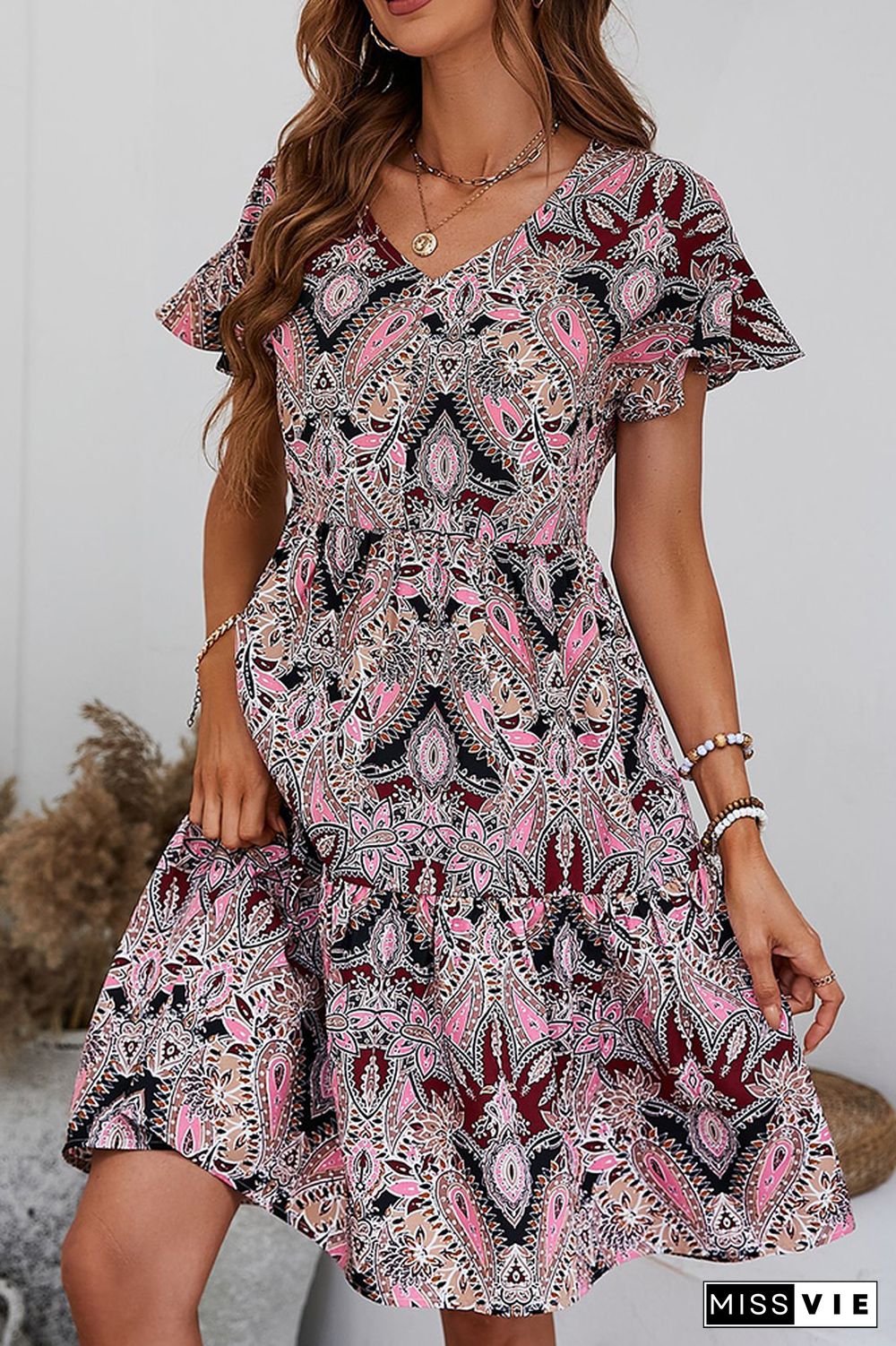 V Neck Paisley Floral Print Swing Dress