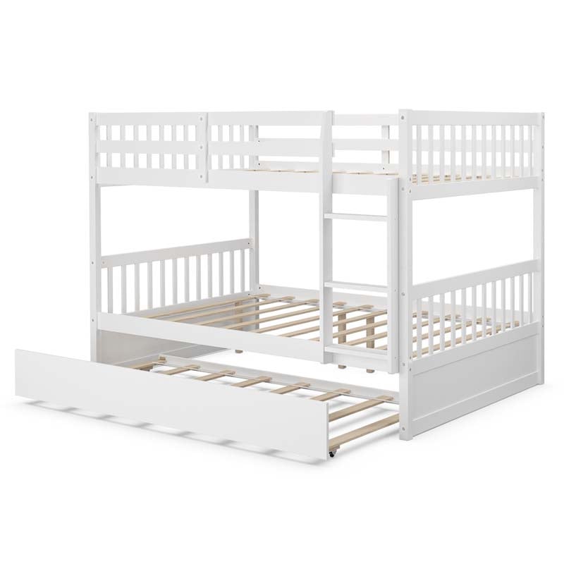 Solid Wood Full Over Full Bunk Bed Frame with Trundle, Safety Ladder & Guardrails, Convertible Bunk Bed for Kids Teens