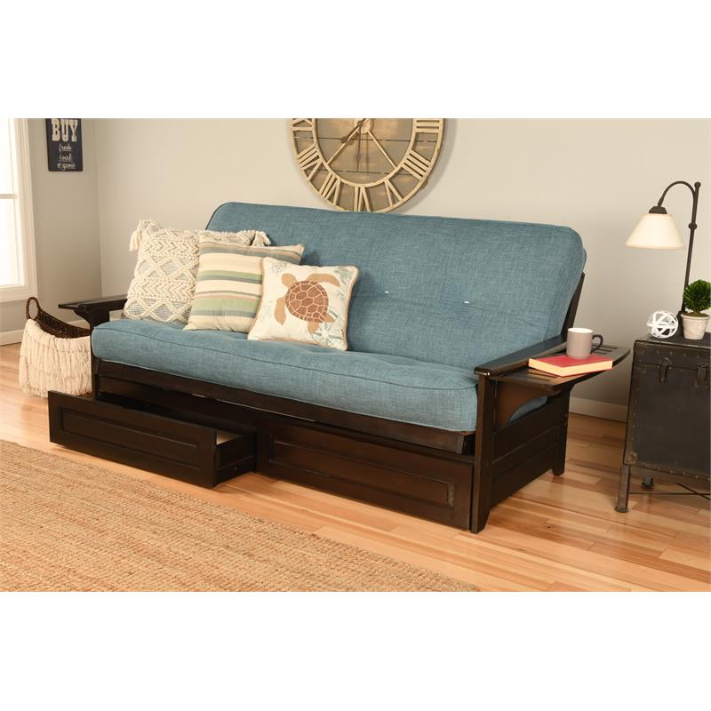 Kodiak KFPHDEPLAQULF5MD4 Phoenix Espresso Futon Frame with Linen Aqua Mattress & Storage Drawers - Full Size