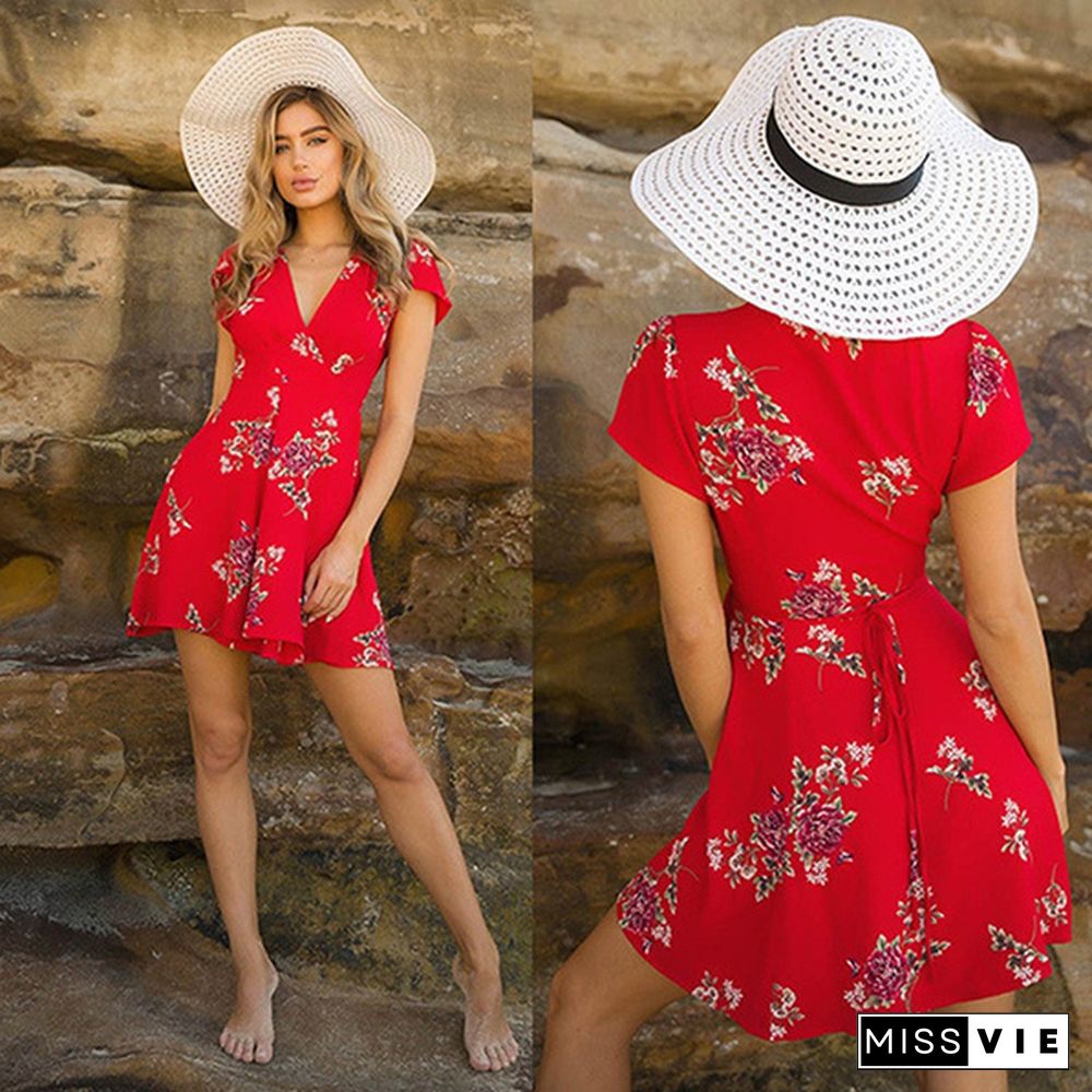 Floral Print Boho Summer Dress Women Sexy V Neck Short Sleeve Mini Dresses Casual Beach Short Dress