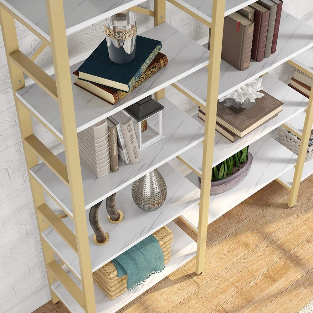 Triple Wide 5 Shelf Bookcase  Etagere Large Open Bookshelf Vintage Industrial Style Shelves Wood and Metal bookcases Furniture