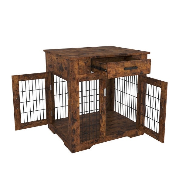 Dog Crate End Table with Drawer， with Double Doors