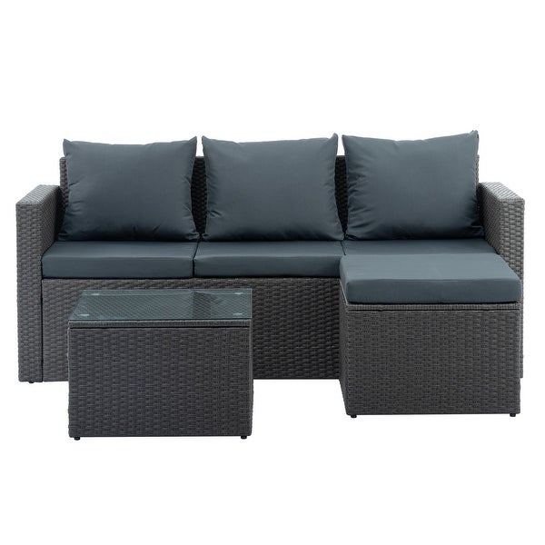 3 Pcs Outdoor Sectional Sofa， PE Rattan Couch Sofa Set with Ottoman， Cushions and Tempered Glass Desktop， Wicker Conversation Set - Overstock - 37952183