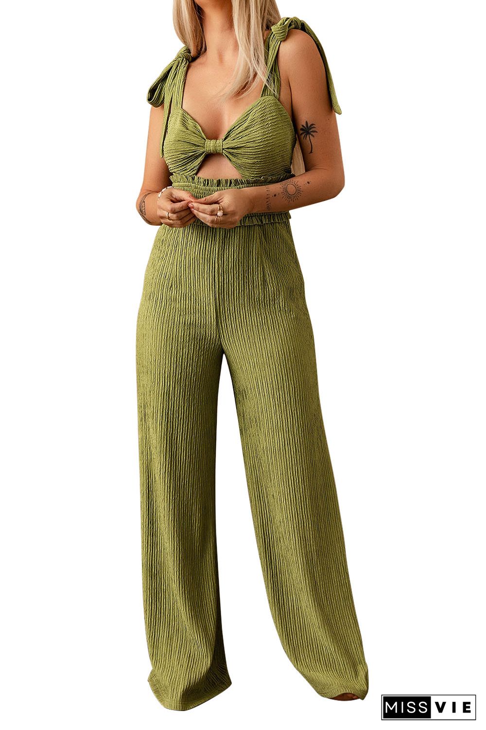 Green Shirred Knotted Front Tied Shoulder Wide Leg Jumpsuit