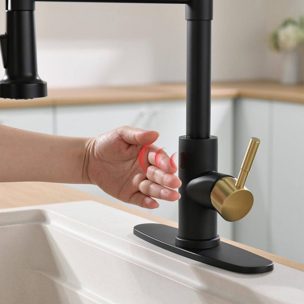 Boyel Living Single Handle Touchless Pull Down Sprayer Kitchen Faucet with Deckplate Included in Black  Brushed Gold BL-IS1306-33BG