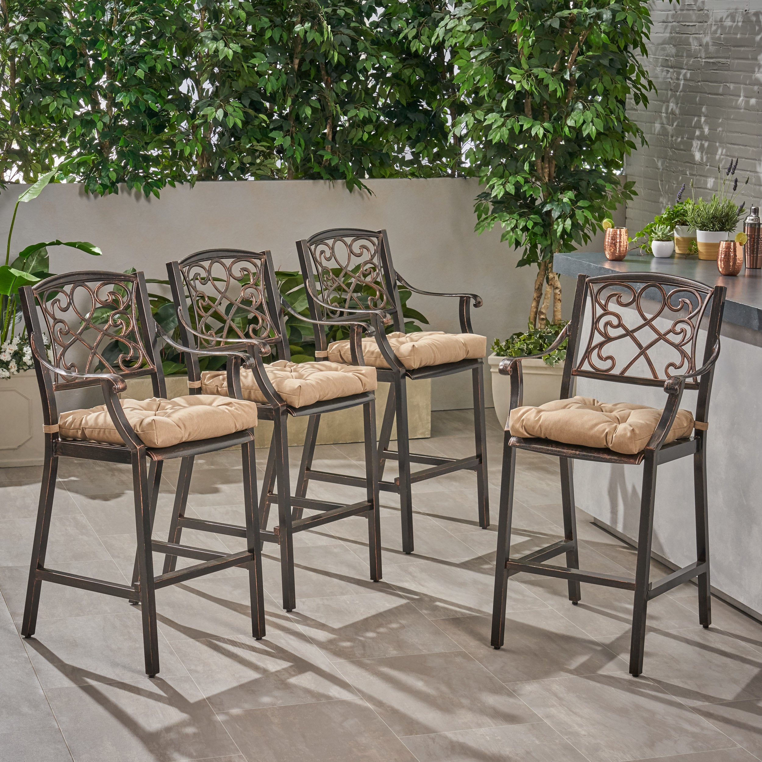 Mariella Outdoor Barstool with Cushion (Set of 4)