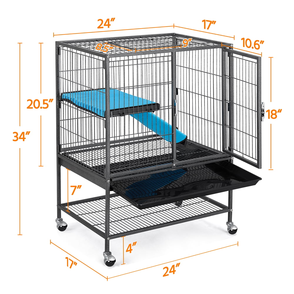 Easyfashion Rolling Metal Small Animal Cage with Removable Ramp and Platform， Hammered， Black