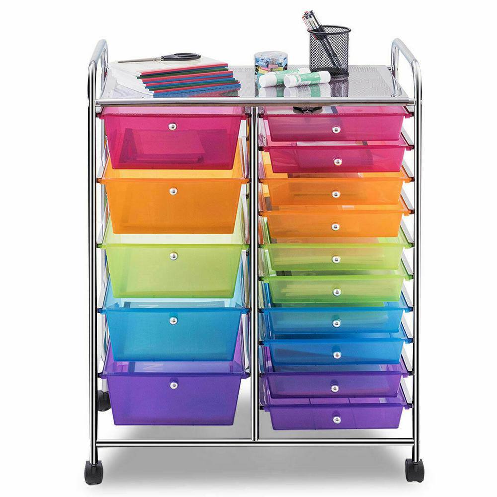 Costway 15 Drawer 4-Wheeled Plastic Rolling Storage Cart Tools Scrapbook Paper Office School Organizer in Colorful HW53825