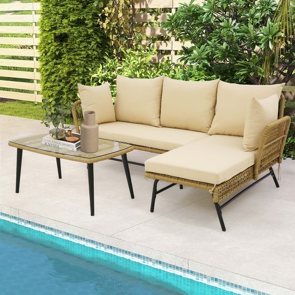 3 PCS LShaped Patio Sofa Set Conversation Furniture Set Black/Beige