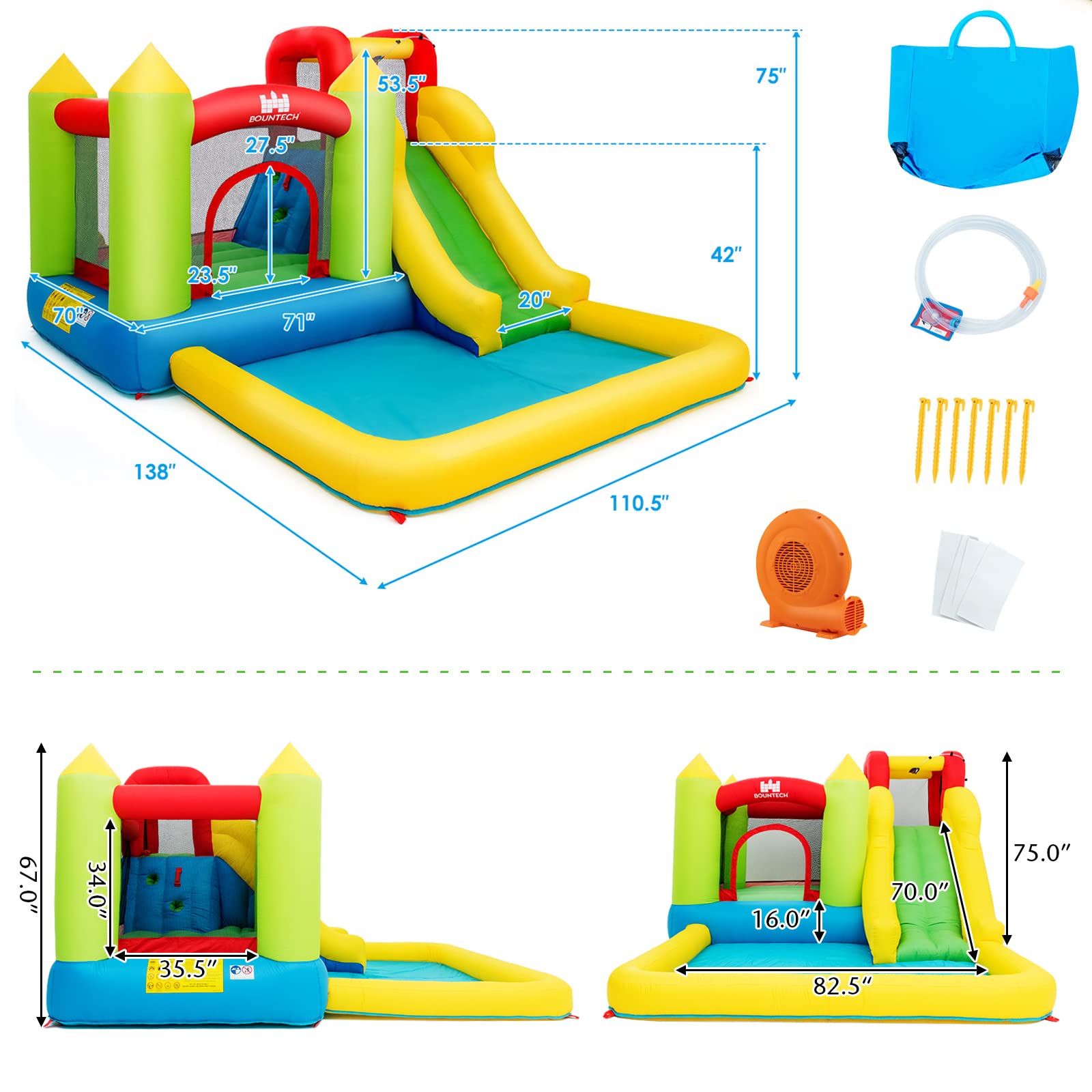 Costzon Inflatable Water Slide, 5 in 1 Water Park Bounce House Combo for Indoor Outdoor with 550w Blower