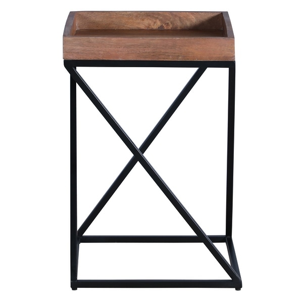 22 Inch Industrial End Side Table with Mango Wood Tray to P for Hallway， Foyer， Den， Bedroom， or Living Room， X Shape Iron Frame