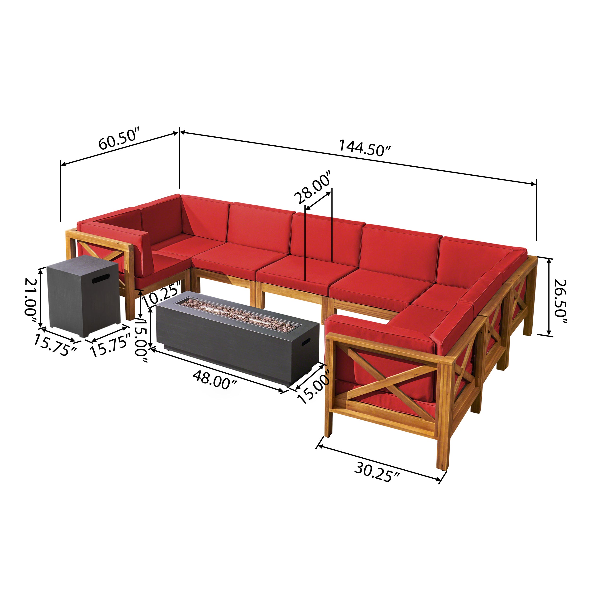 Muriel Outdoor Farmhouse Acacia Wood 8 Seater U-Shaped Sectional Sofa Set with Fire Pit