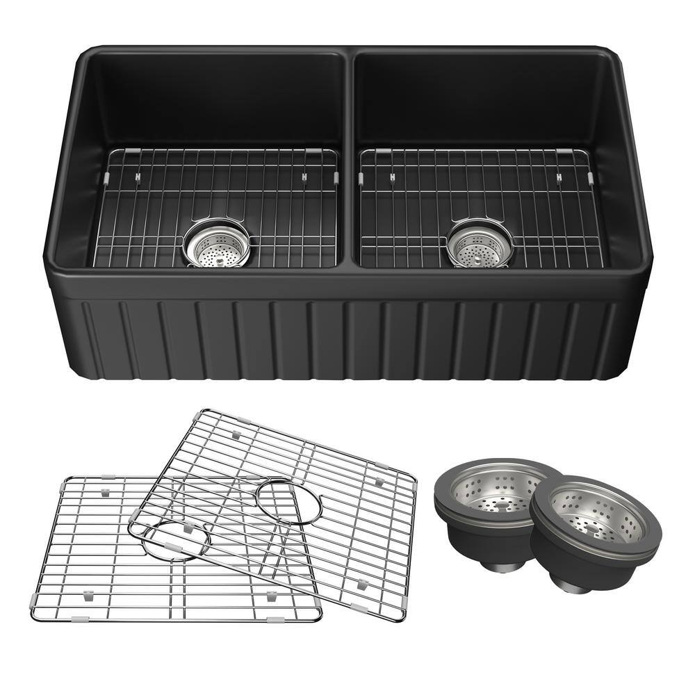 Black Fireclay 33 in. Double Bowl Farmhouse Apron Kitchen Sink with Bottom Grid and Basket Strainer HKD-331810T2-B