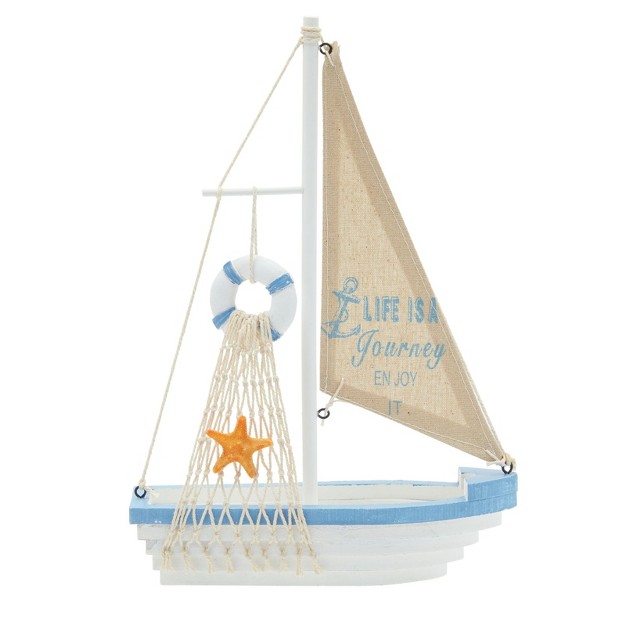 Juvale Enjoy It Wooden Sailboat Model With Flag Net Starfish And Floating Tube For Nautical Home And Bathroom Boat Decor Shelf 13x8x3 In