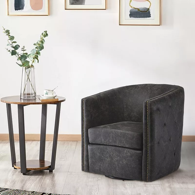 31 Inch Barrel Back Leatherette Swivel Accent Chair， Black