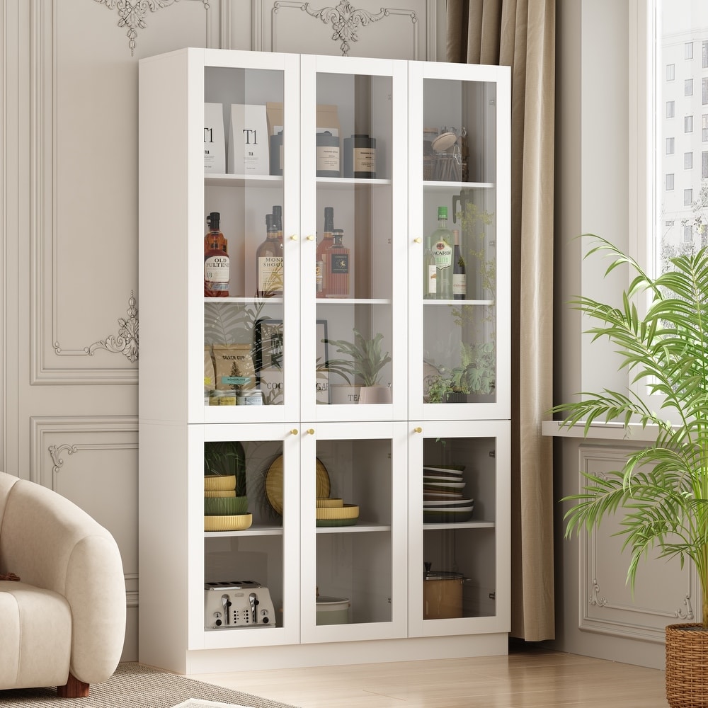 Tall Bookshelf Bookcase with 6 Glass Doors Gold conical handle White   78.7\