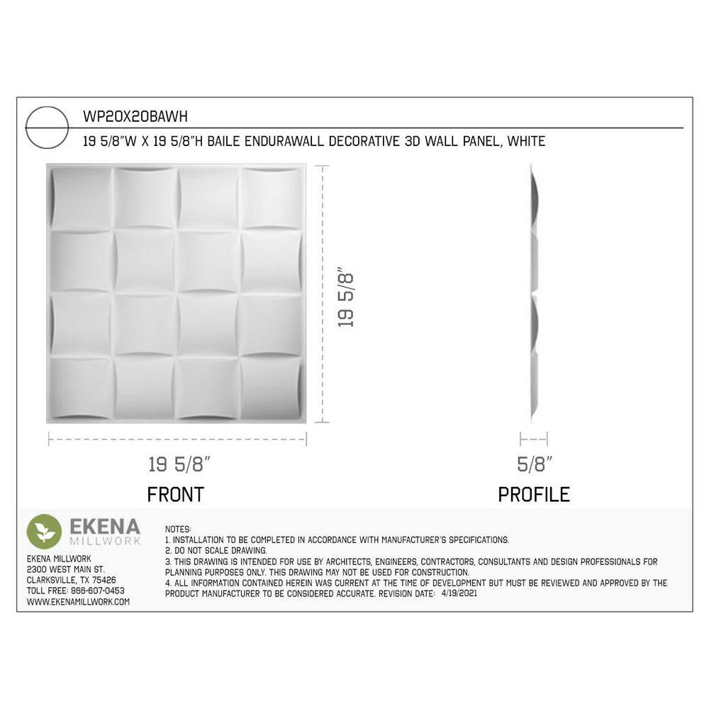 Ekena Millwork 19 58W x 19 58H Baile EnduraWall Decorative 3D Wall Panel Covers 133.73 Sq. Ft. (50-Pack for 133.73 Sq. Ft.) WP20X20BAWH-CASE-50