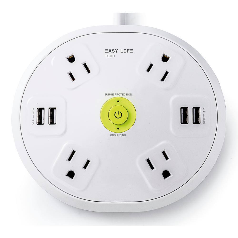 EasyLife Tech 6 ft. 4-Outlet 4-USB Round Hub Surge Protector - White 0-2514