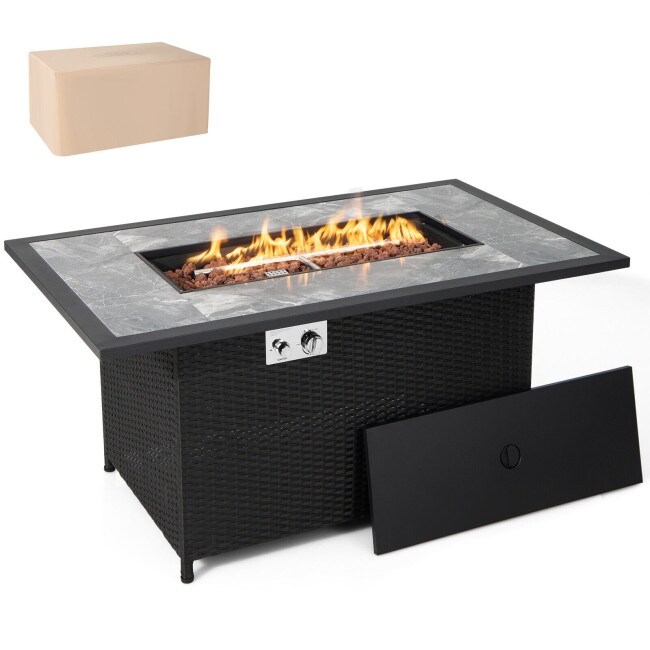 52 Inch Rattan Wicker Propane Fire Pit Table with Rain Cover and Lava Rock Black   52\